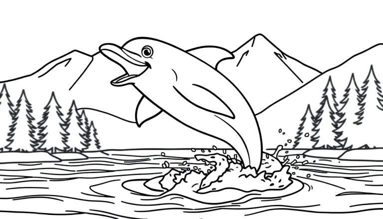 Zwart-wit kleurplaat van een springende dolfijn met bergen en bomen op de achtergrond.