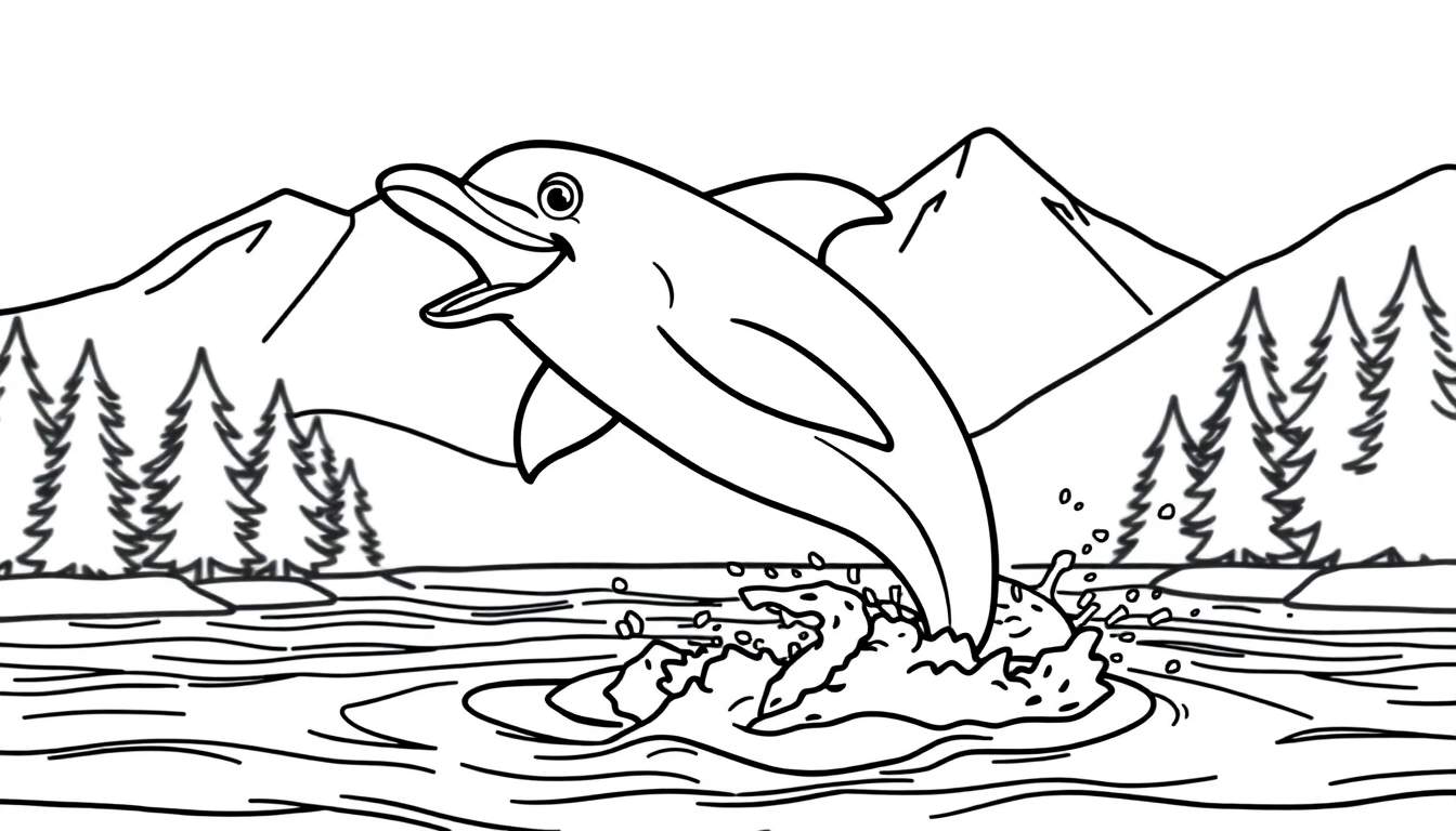 Zwart-wit kleurplaat van een springende dolfijn met bergen en bomen op de achtergrond.