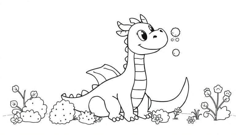 Een vriendelijke zwart-wit cartoon draak kleurplaat met bubbels en bloemen.