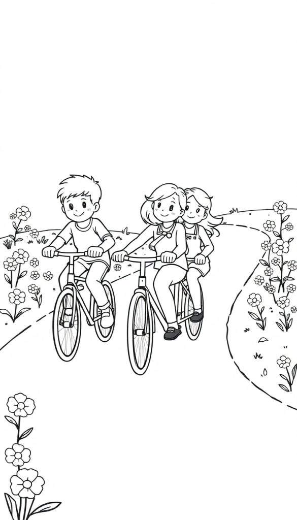 Kleurplaat: kinderen op fietsen in bloemenrijk.