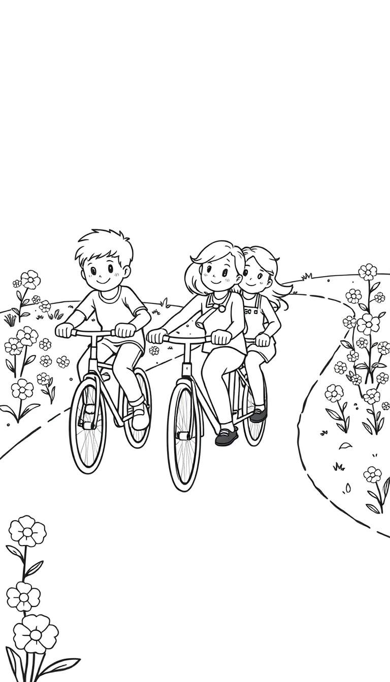 Kleurplaat: kinderen op fietsen in bloemenrijk.