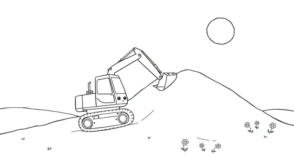 Kleurplaat van een vrolijke kleine graafmachine met een gezichtje, op een heuvel, met een zon en bloemen.