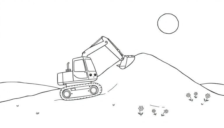 Kleurplaat van een vrolijke kleine graafmachine met een gezichtje, op een heuvel, met een zon en bloemen.