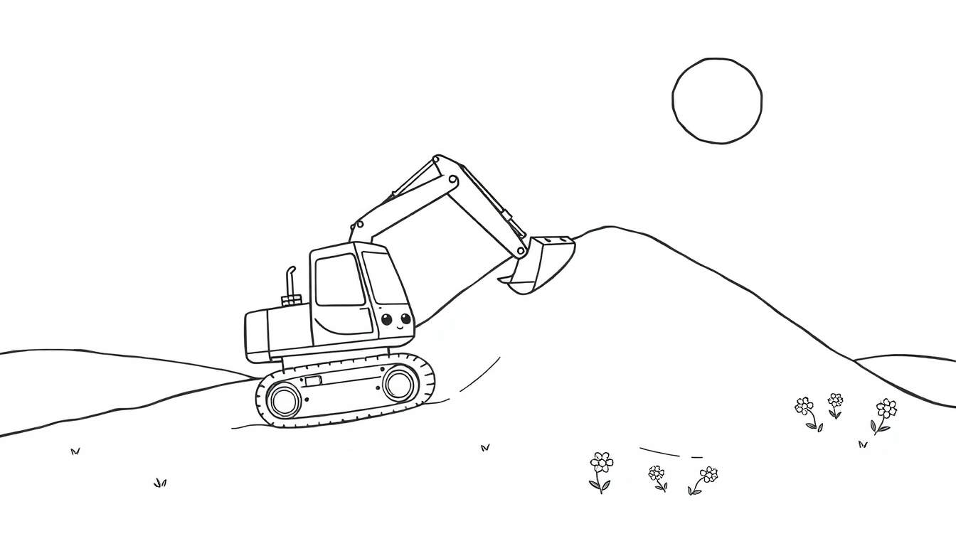 Kleurplaat van een vrolijke kleine graafmachine met een gezichtje, op een heuvel, met een zon en bloemen.
