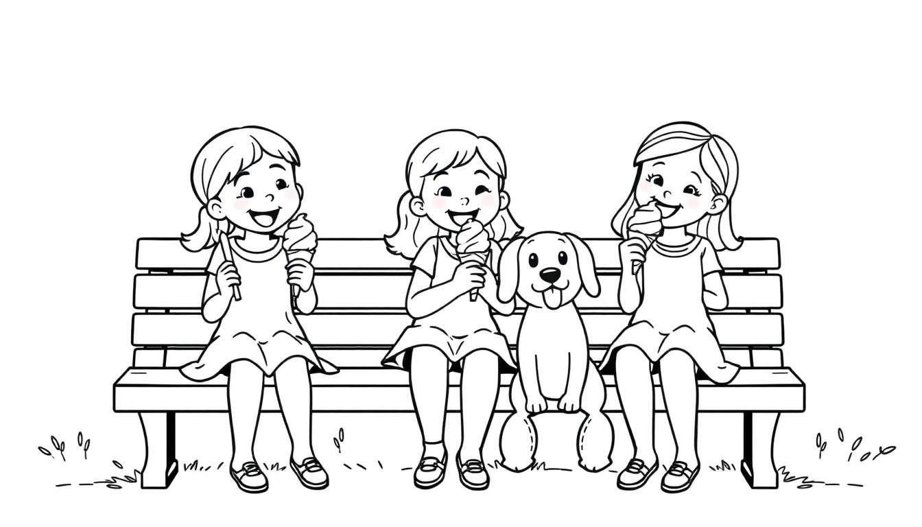 Kleurplaat van drie meisjes en een hond op een bankje met ijsjes.