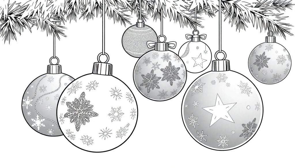 Kleurplaat met kerstballen en dennentak.