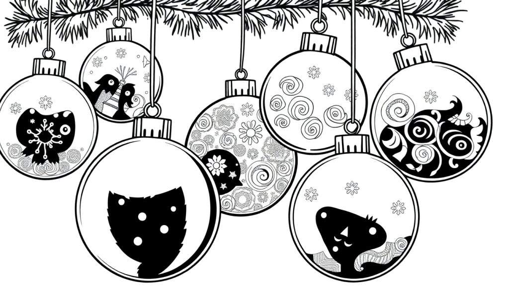 Een zwart-wit kleurplaat van kerstballen met dieren, sneeuwvlokken en bloemen.