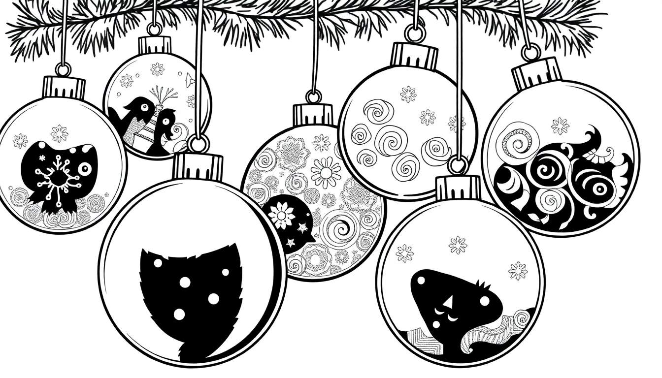 Een zwart-wit kleurplaat van kerstballen met dieren, sneeuwvlokken en bloemen.