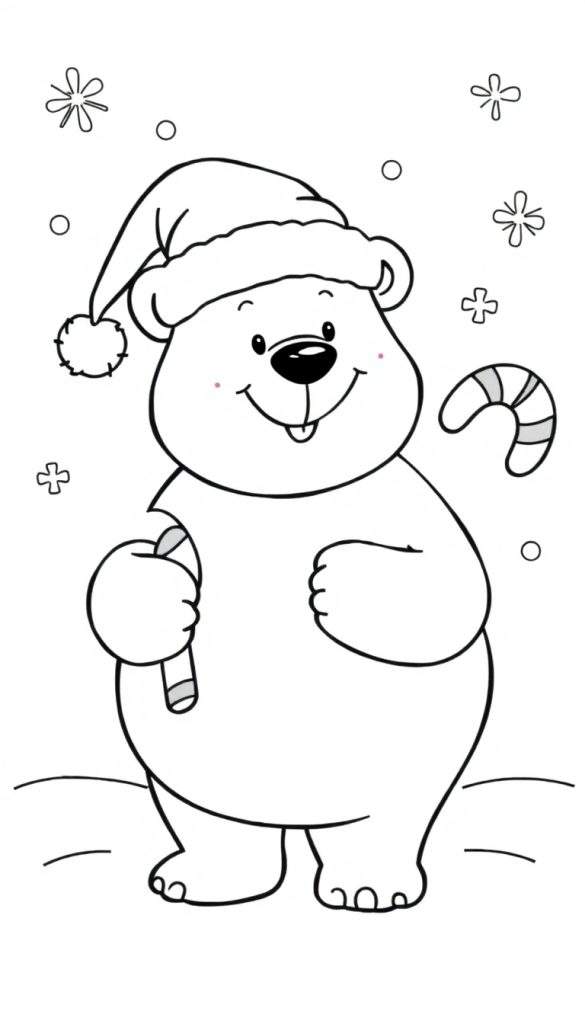 Kleurplaat van een vrolijke ijsbeer met kerstmuts en zuurstok