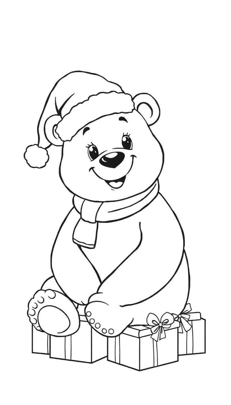 Kleurplaat van een schattige teddybeer met kerstmuts en sjaal, zittend op cadeautjes.