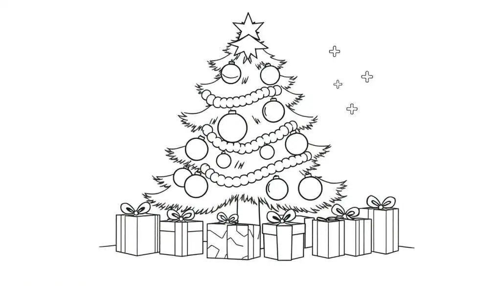 Kleurplaat van een vrolijke kerstboom met ornamenten en cadeaus.