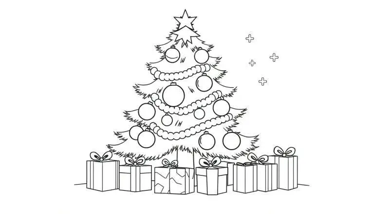 Kleurplaat van een vrolijke kerstboom met ornamenten en cadeaus.