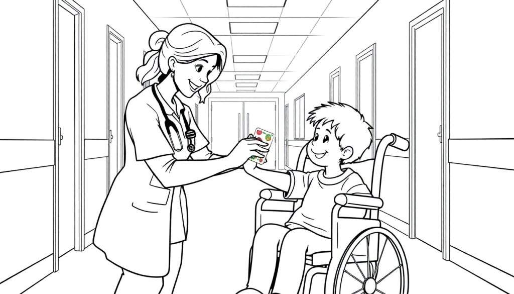 Een dokter met een stethoscoop geeft een kind in een rolstoel een pakje koekjes in een kleurplaat-stijl.