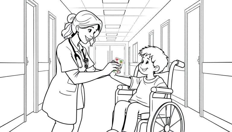 Een dokter met een stethoscoop geeft een kind in een rolstoel een pakje koekjes in een kleurplaat-stijl.