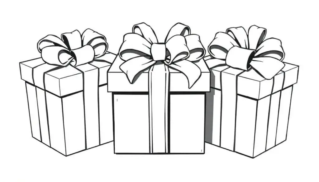 Kleurplaat van drie vierkante cadeautjes met strikken.