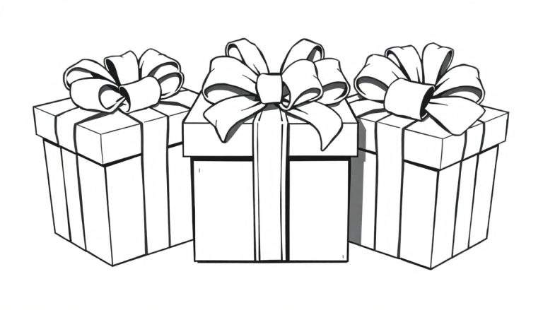 Kleurplaat van drie vierkante cadeautjes met strikken.