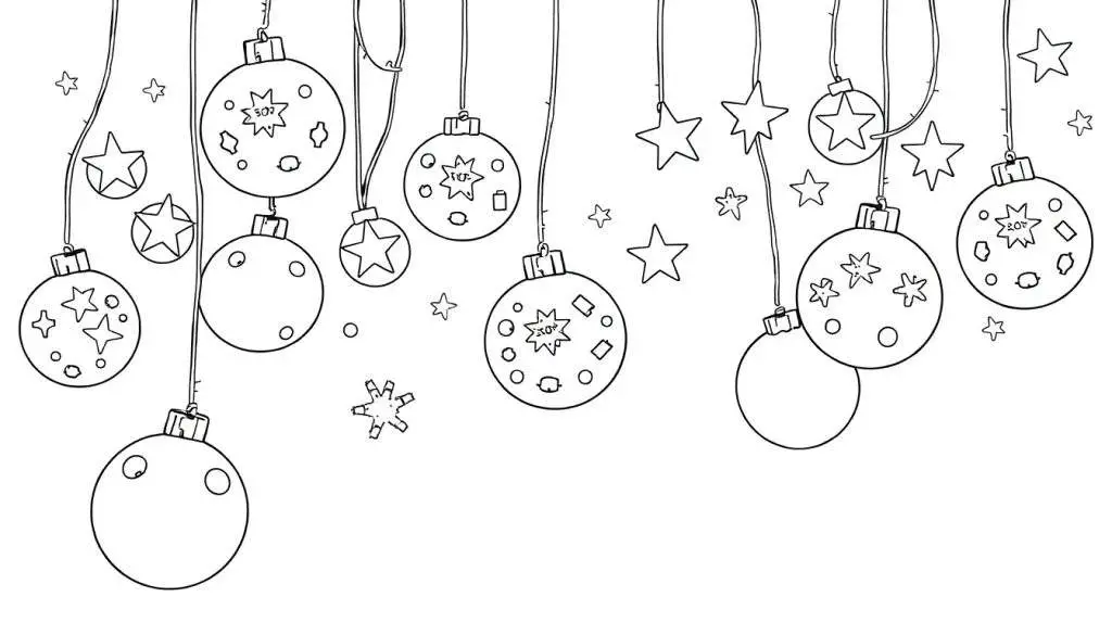 Kleurplaat van kerstdecoraties met sterretjes en glitters.