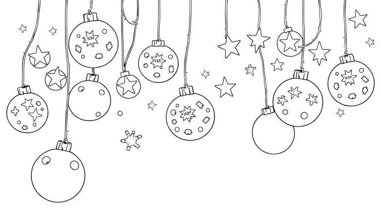 Kleurplaat van kerstdecoraties met sterretjes en glitters.