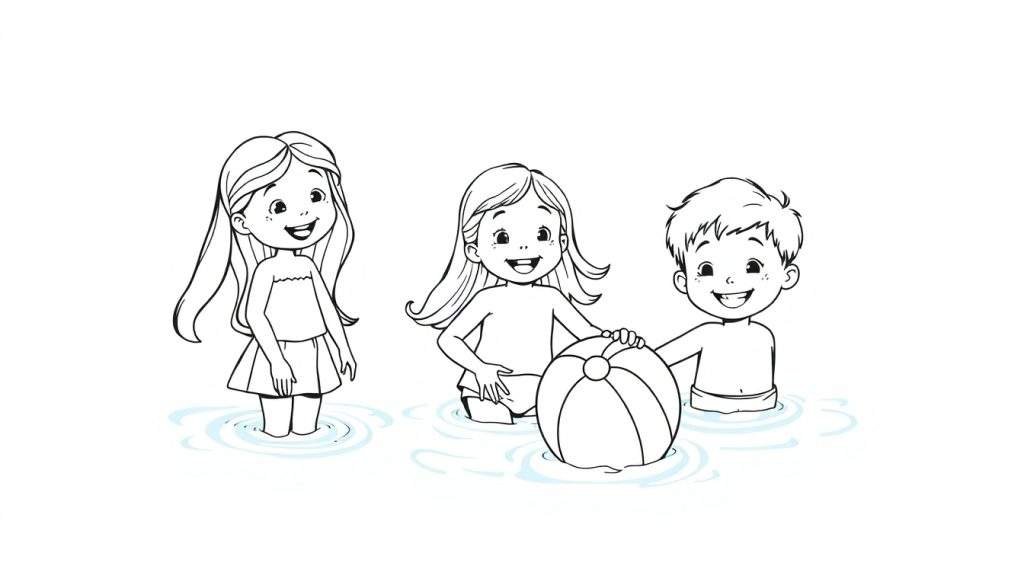 Kleurplaat van drie lachende kinderen in het water, een kleurplaat om in te kleuren.