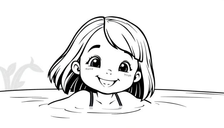 Een lachend meisje met kort haar in het water, een zwart-wit kleurplaat.