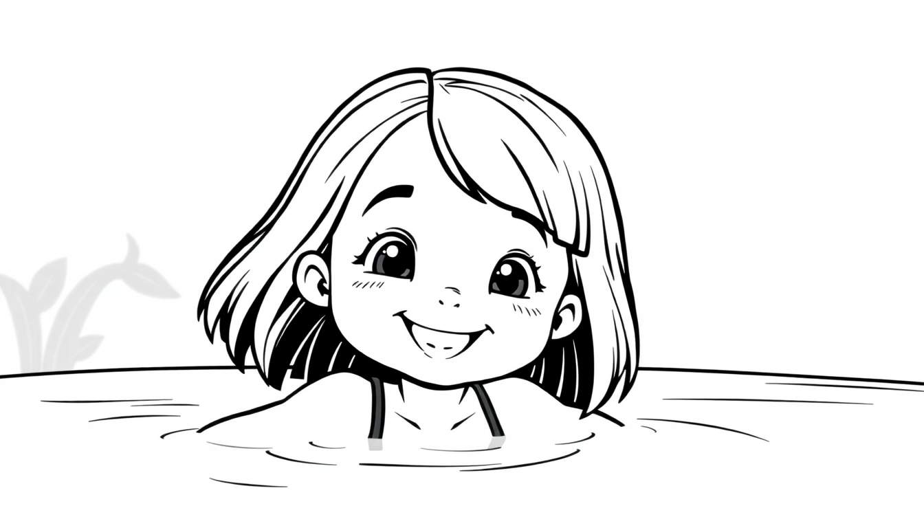 Een lachend meisje met kort haar in het water, een zwart-wit kleurplaat.