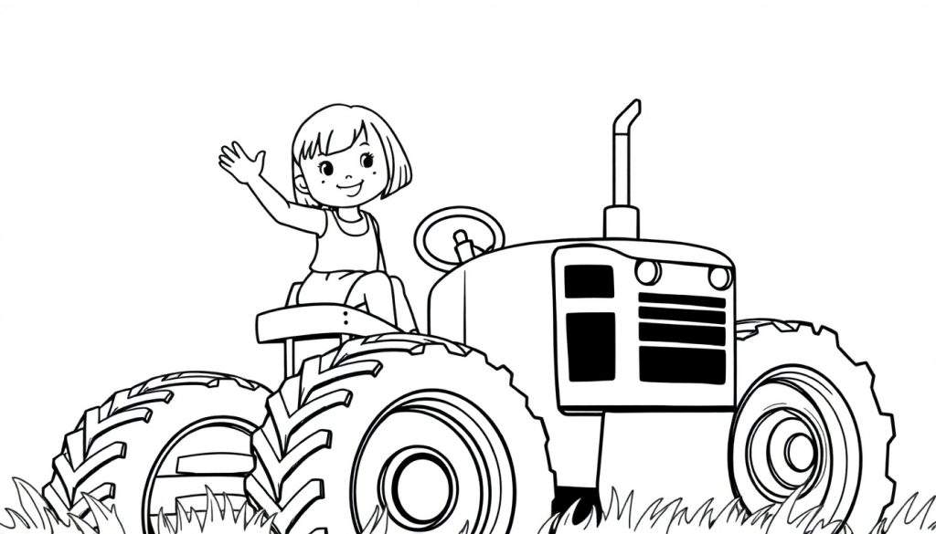 Kleurplaat van een klein meisje met bob haar dat op een tractor zwaait.