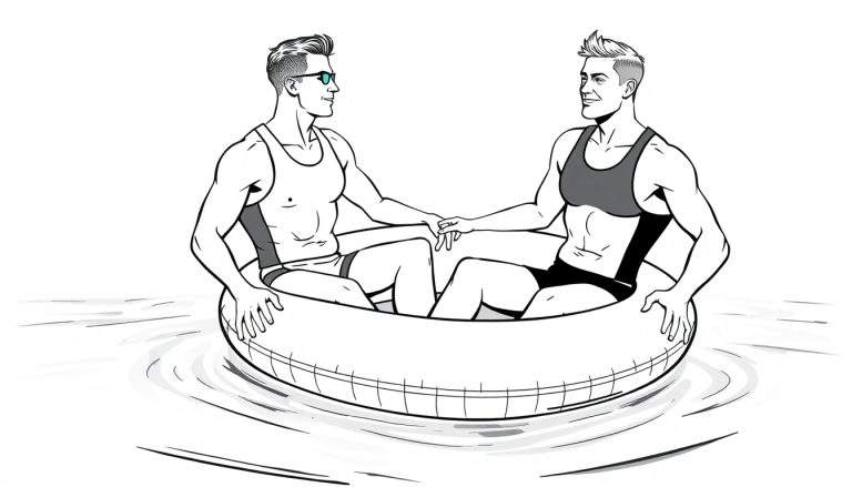 Zwart-wit kleurplaat van twee mannen die elkaars handen vasthouden in een zwemband op het water.