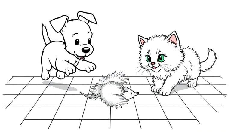 Kleurplaat: Een speelse puppy en kitten die samen spelen met een speelgoedmuis.