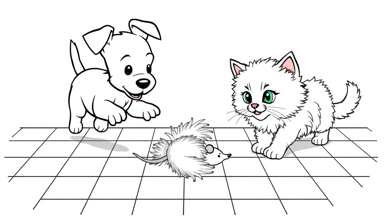Kleurplaat: Een speelse puppy en kitten die samen spelen met een speelgoedmuis.
