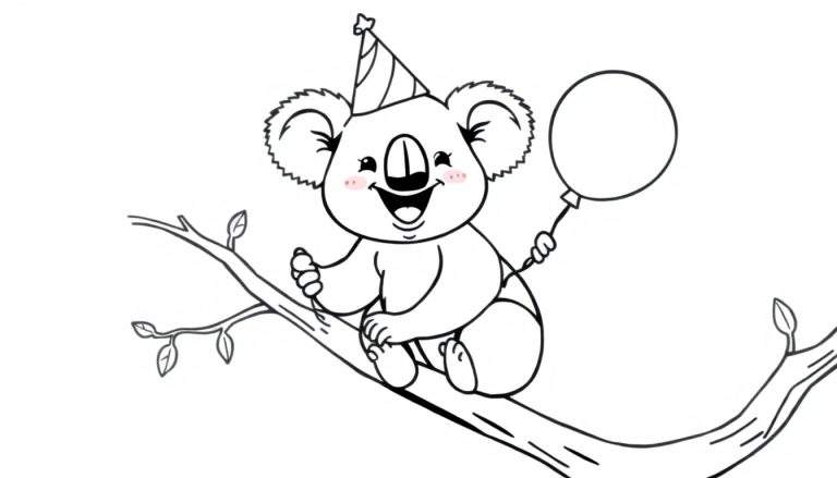 Kleurplaat van een blije koala met verjaardagshoed en ballon op een tak.