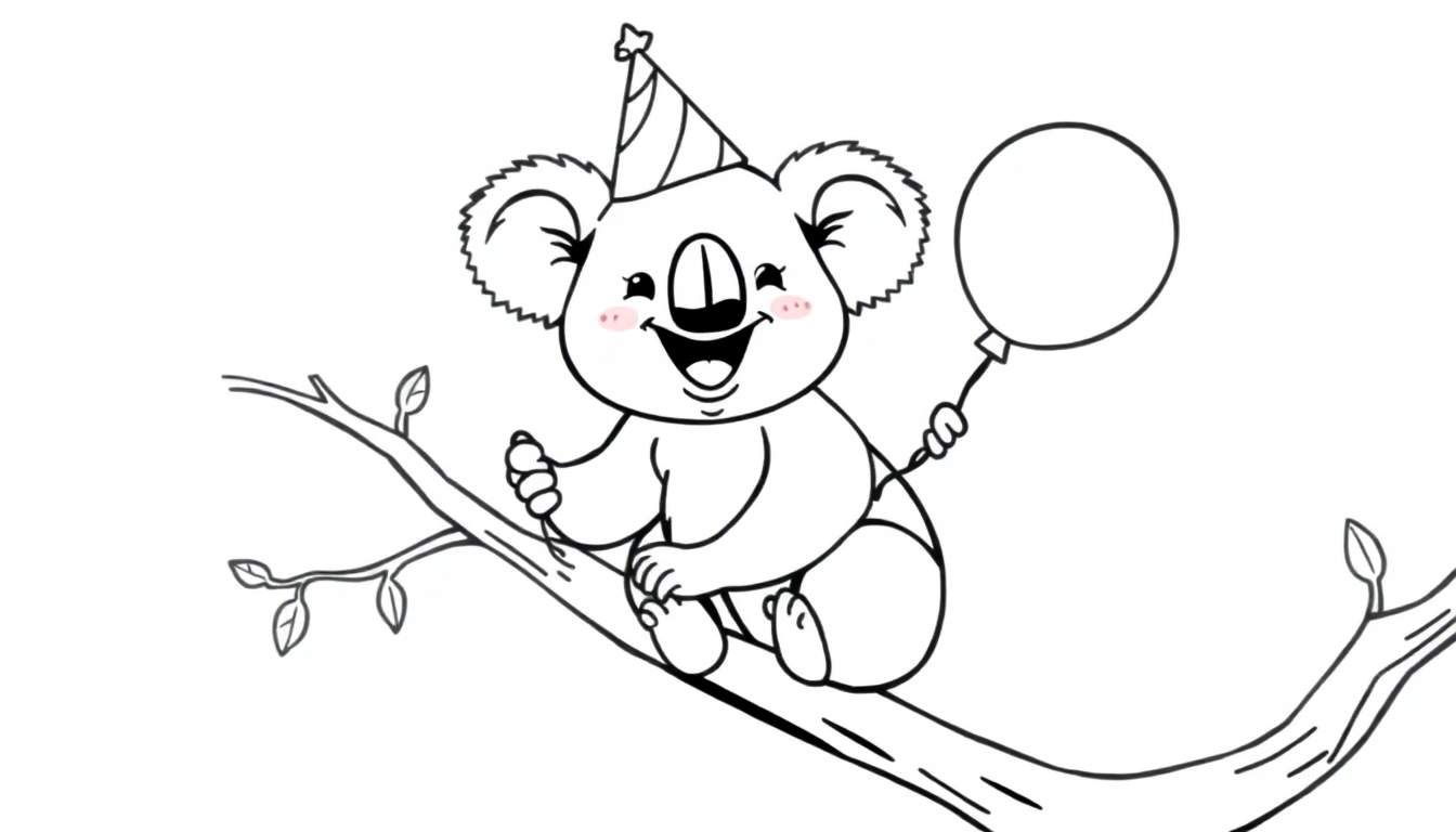 Kleurplaat van een blije koala met verjaardagshoed en ballon op een tak.