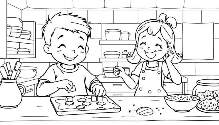 Kleurplaat van een jongen en meisje die samen koekjes bakken in de keuken.