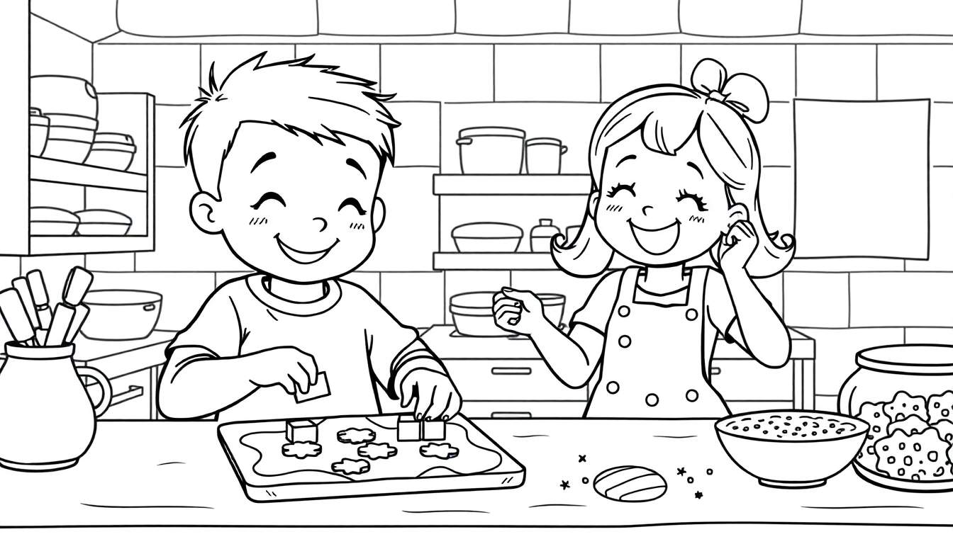 Kleurplaat van een jongen en meisje die samen koekjes bakken in de keuken.