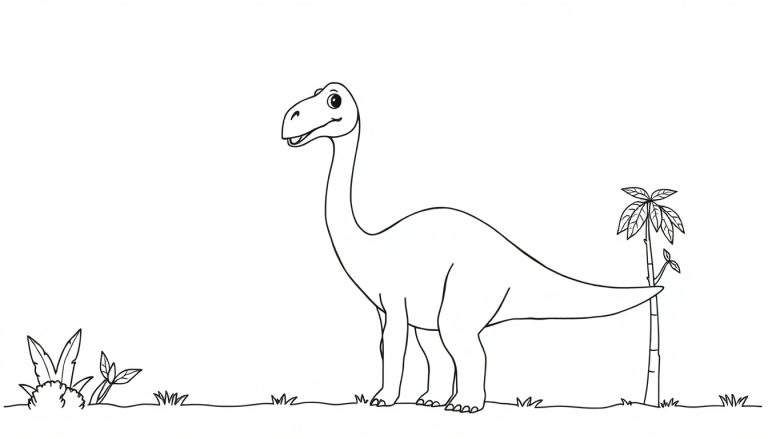 Een zwart-wit tekening van een vriendelijke langnekdinosaurus, klaar om ingekleurd te worden als kleurplaat.