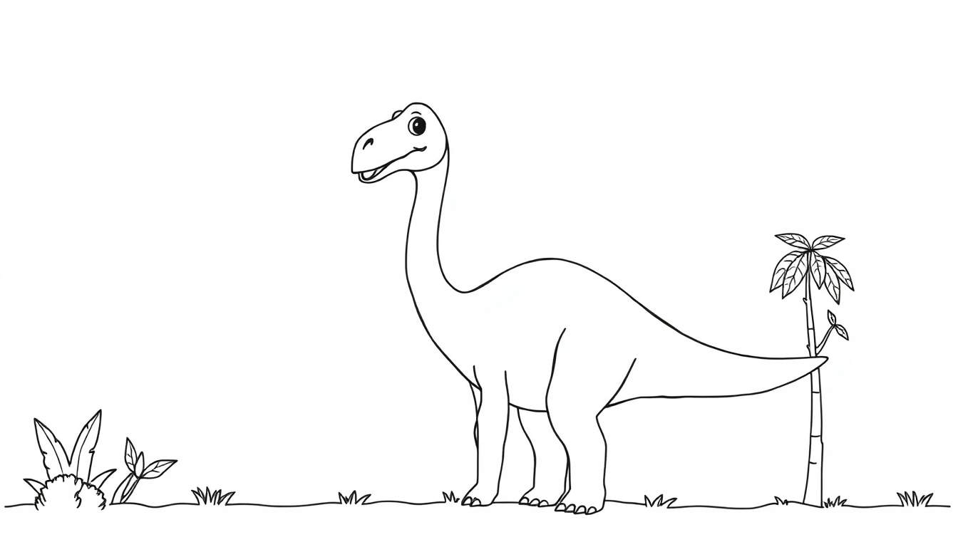 Een zwart-wit tekening van een vriendelijke langnekdinosaurus, klaar om ingekleurd te worden als kleurplaat.