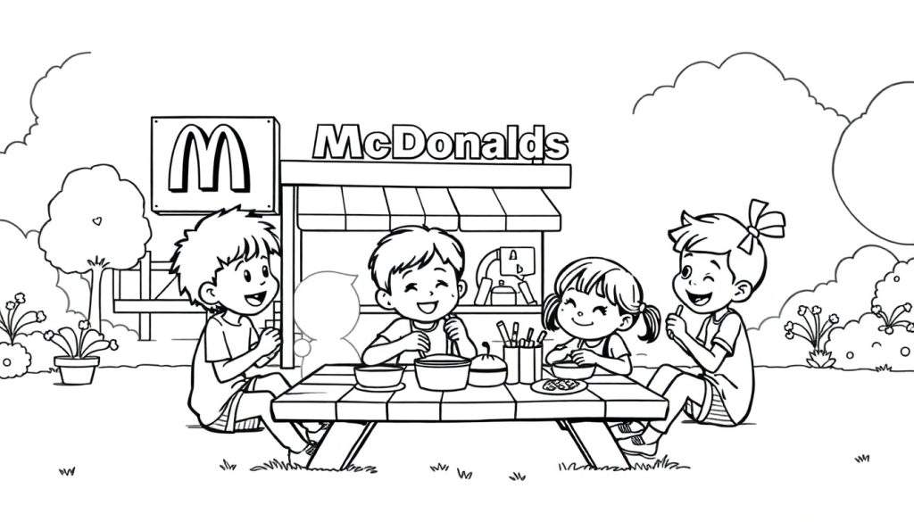 Zwart-wit kleurplaat van kinderen die vrolijk eten bij McDonald's.