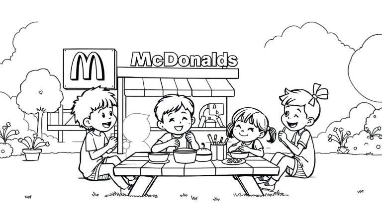 Zwart-wit kleurplaat van kinderen die vrolijk eten bij McDonald's.