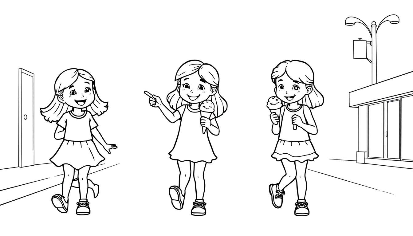 Zwart-wit kleurplaat van drie vrolijke meisjes met ijsjes op straat.