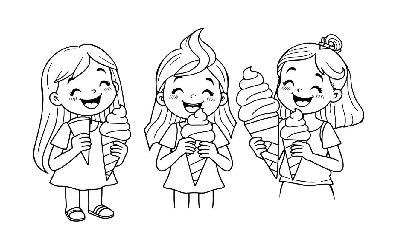 Kleurplaat van drie blije meisjes die ijsjes eten.