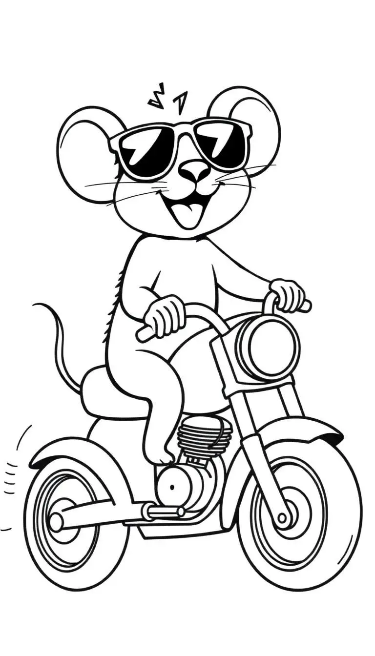 Een cartoonmuis met zonnebril rijdt op een motor, klaar om in te kleuren als kleurplaat.
