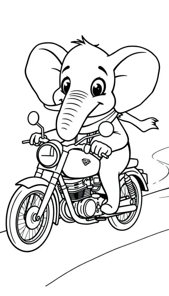 Kleurplaat van een vrolijke olifant op een motor.