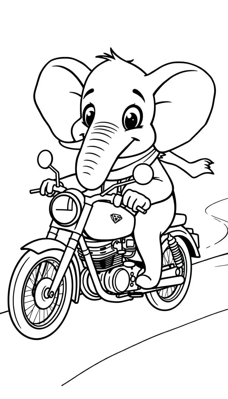 Kleurplaat van een vrolijke olifant op een motor.