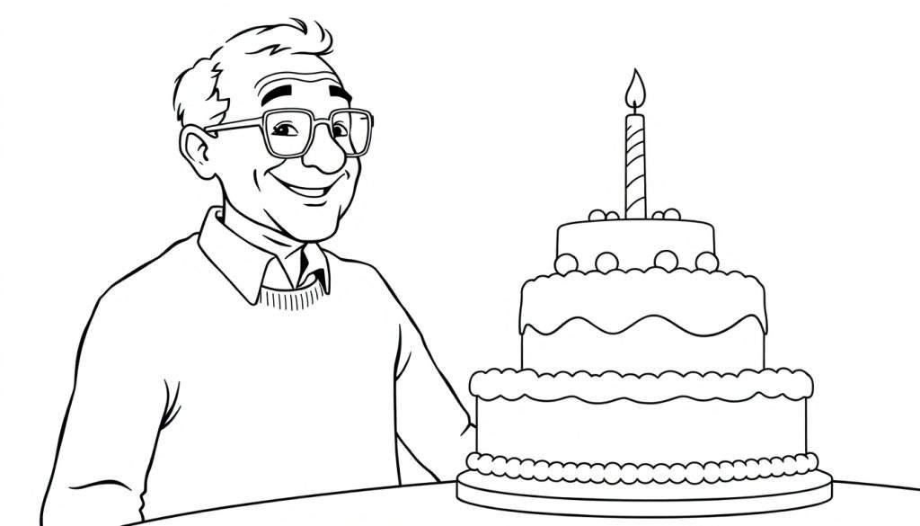 Kleurplaat van een lachende opa met bril naast een drielaagse verjaardagstaart met een brandende kaars.