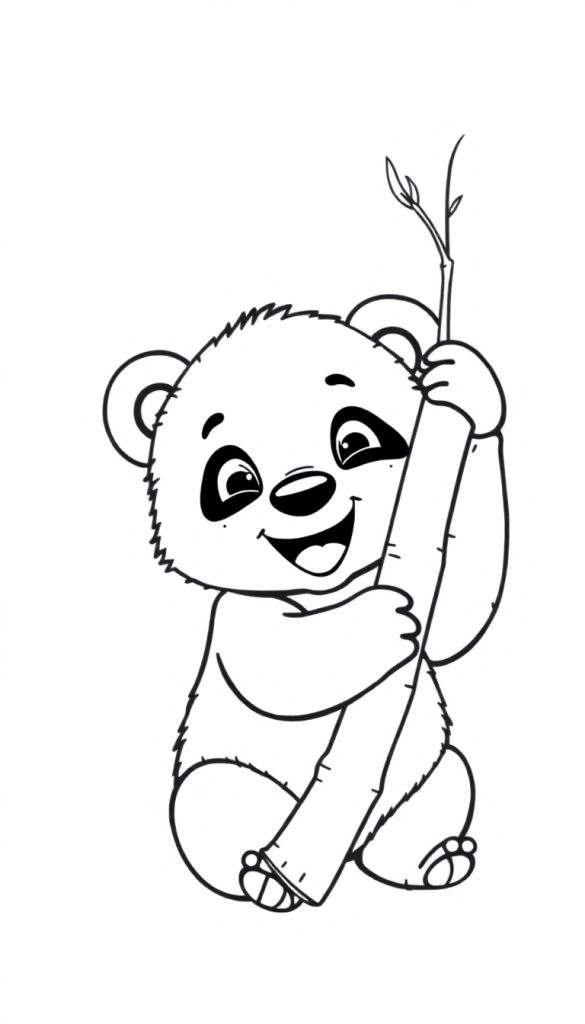 Zwart-wit kleurplaat van een vrolijke cartoonpanda die bamboe eet.