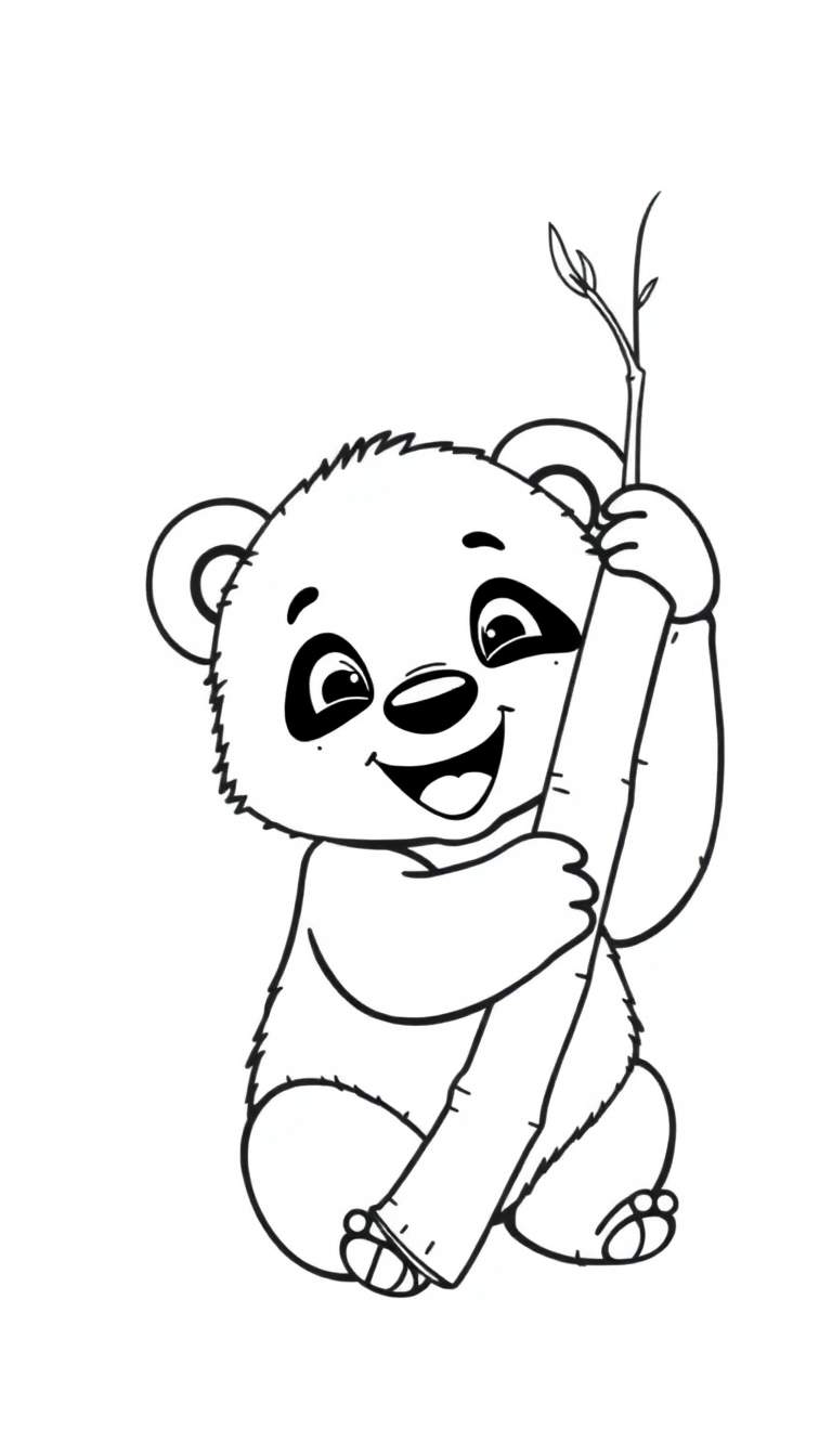 Zwart-wit kleurplaat van een vrolijke cartoonpanda die bamboe eet.