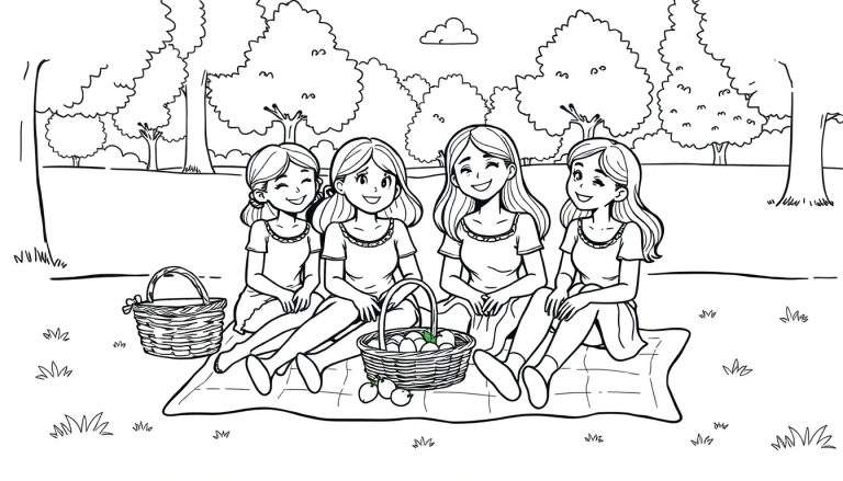 Kleurplaat van vier vrolijke meiden die picknicken onder bomen.