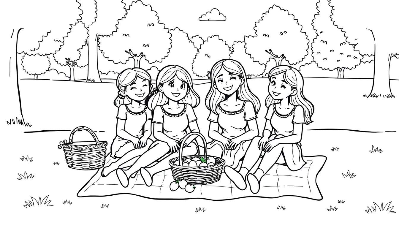 Kleurplaat van vier vrolijke meiden die picknicken onder bomen.