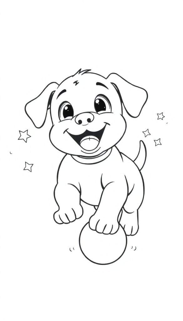 Kleurplaat van een schattige puppy die op een bal balanceert.