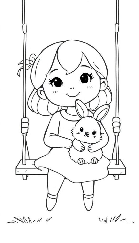 Een lieve kleurplaat van een meisje op een schommel met een knuffelkonijn.