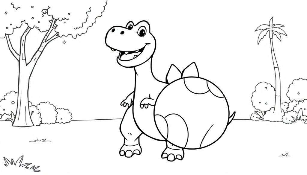 Kleurplaat van een vrolijke Stegosaurus met stekels op zijn rug, spelend in een prehistorisch landschap met bomen.